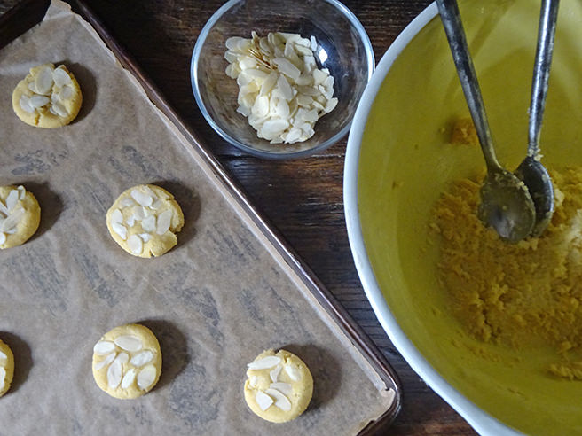 Almond cookie dough rounds on a baking sheet | H is for Home