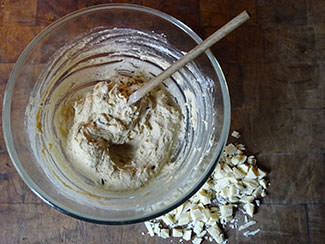 Adding white chocolate to dark and white chocolate chip cookies mixture | H is for Home