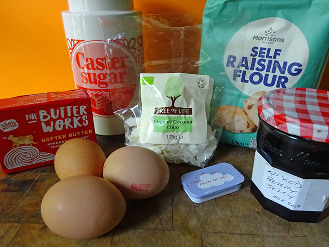 Home-made jelly and coconut loaf cake ingredients