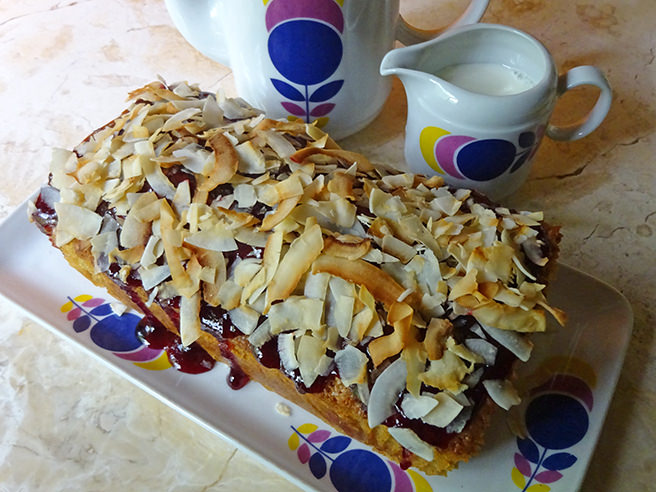 Home-made jelly and coconut loaf cake