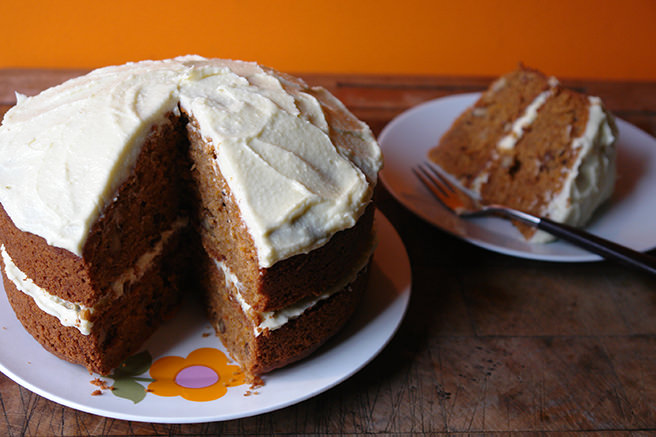 Sweet potato cake with a slice removed