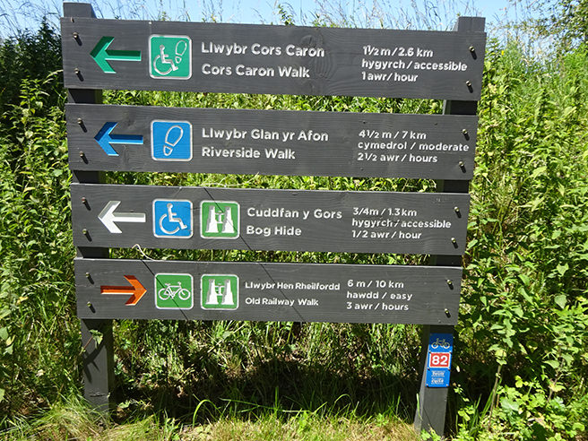 Wooden signage showing different walks at Cors Caron