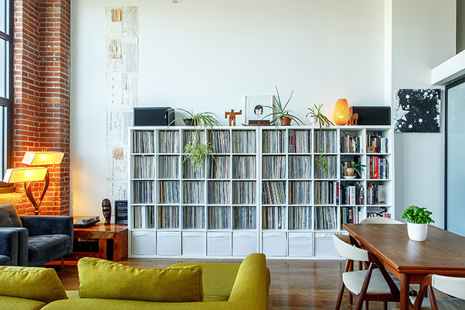 Wall of white shelving
