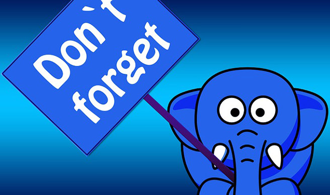 Illustration of a blue elephant holding a 'Don't forget' plackard in its trunk