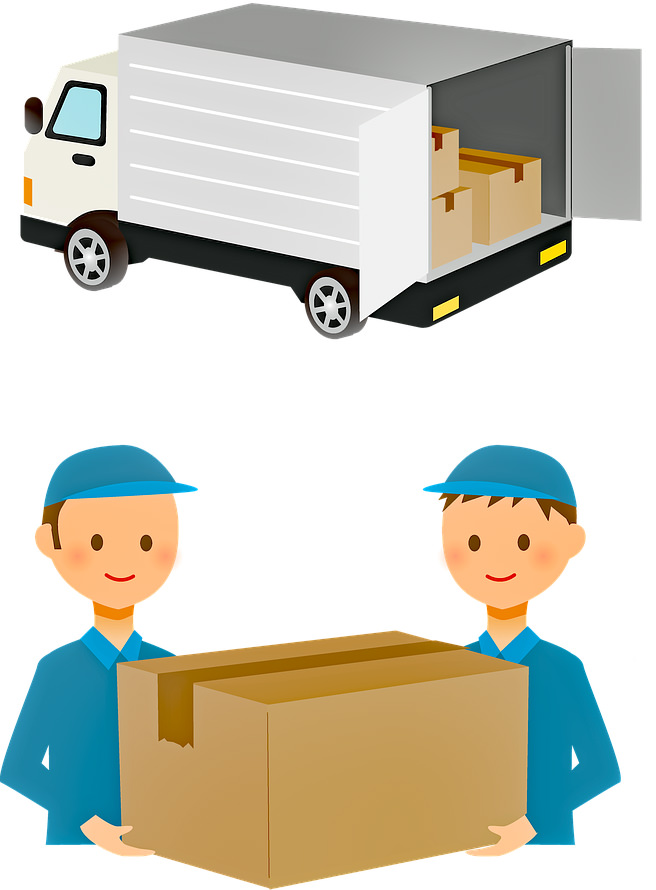 Illustration of two removal men holding a cardboard packing box in front of a removals van