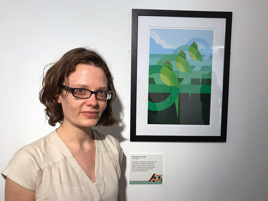 Portrait of Julia Allum beside her illustration that won silver in the Prize for Illustration 2017 – "Sounds of the City"