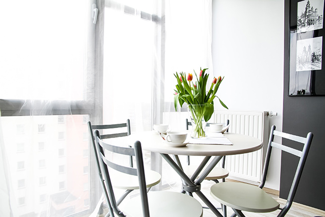 Sheer curtains against a sunny window