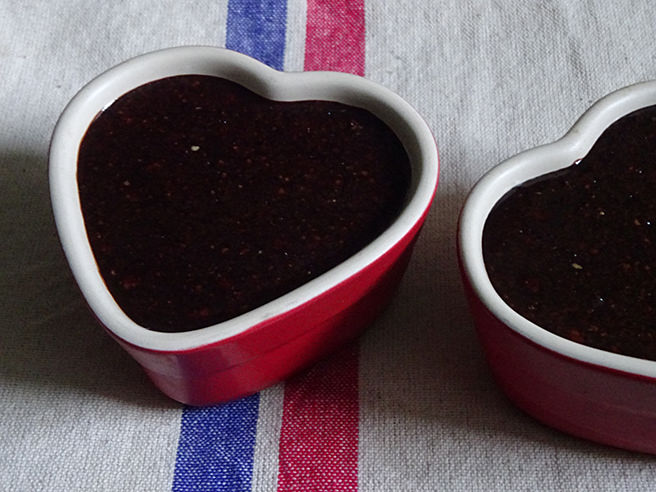 Home-made Nutella in red heart-shaped ramekins