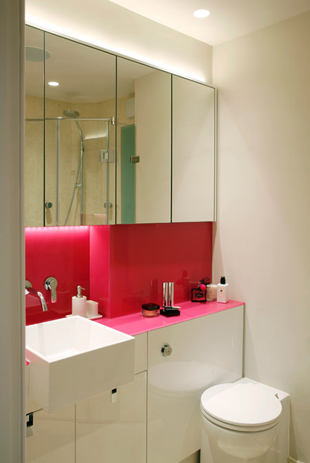 Bubblegum pink bathroom shelf surface & backsplash
