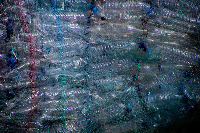 Plastic water bottles netted for recycling