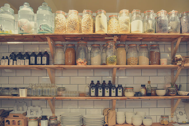 Glass jar kitchen storage on shelves