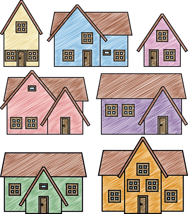 Coloured pencil houses illustration