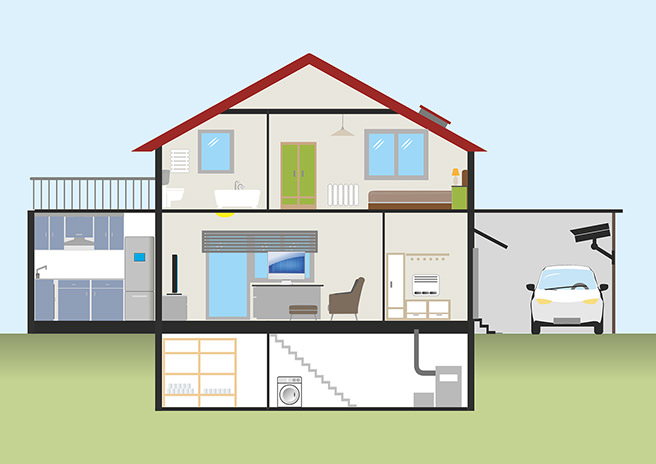 Illustration of a cross-section of a multi-storey house