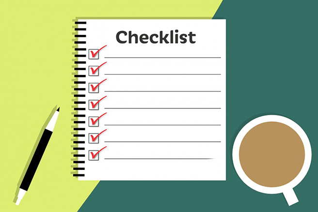 Illustration of a checklist, pen and coffee