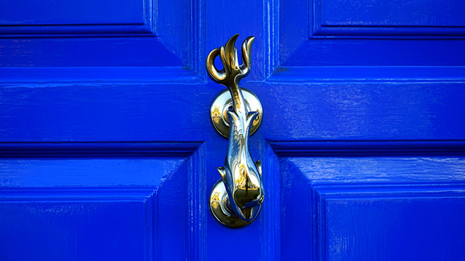 Brass dolphin knocker on a bright blue door