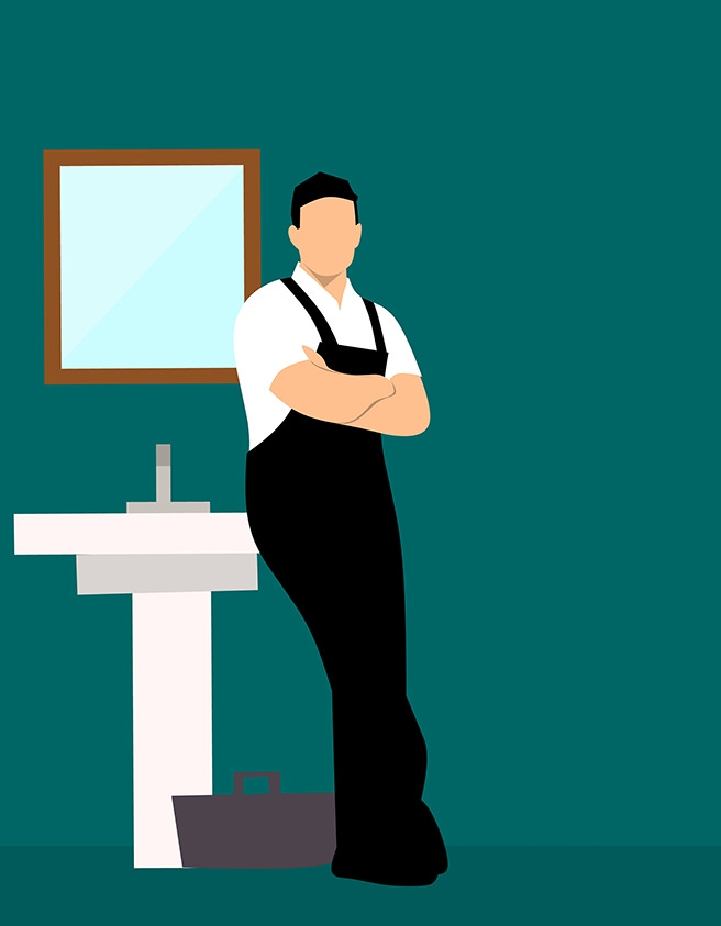 Illustration of a plumber leaning against a sink