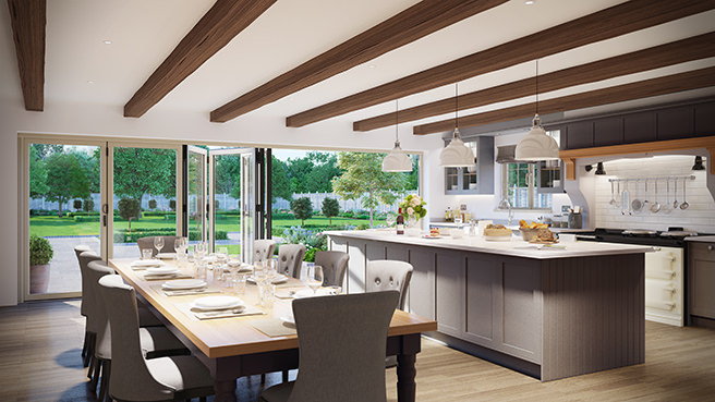open plan kitchen diner with folding doors out to the garden