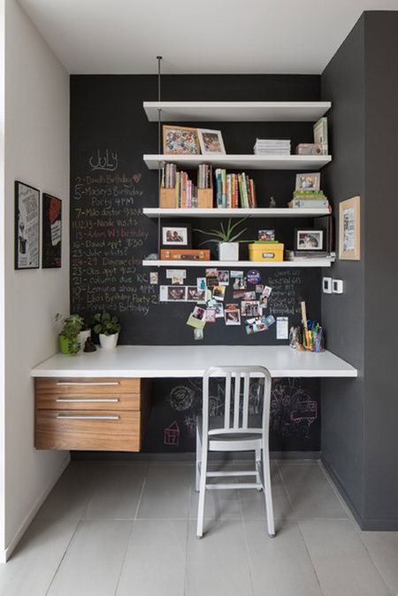 home office with black-painted chalk board wall