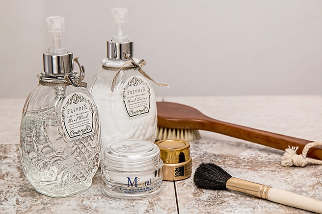 Fancy hand wash and moisturiser, brushes and cosmetics