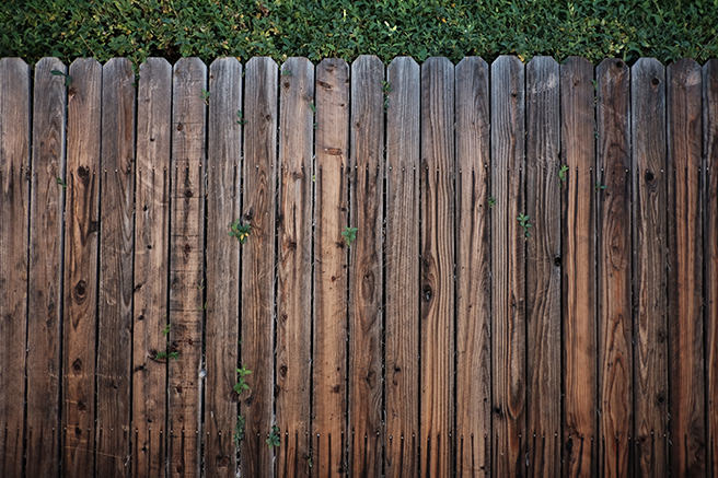 Wooden fence in front of a hedge