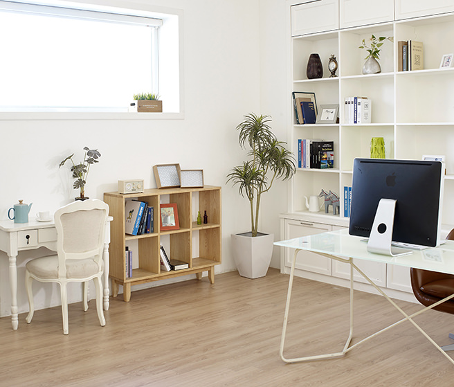 White open shelving in a home office