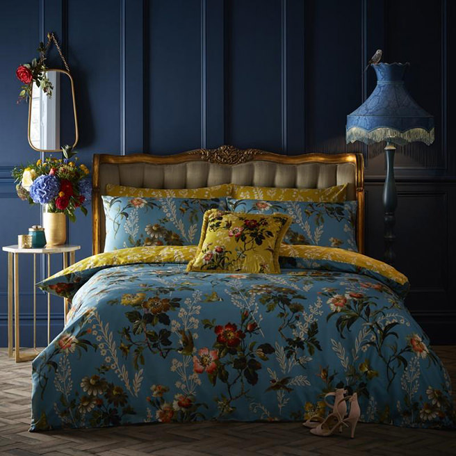 Luxury floral patterned bedding in shades of blue