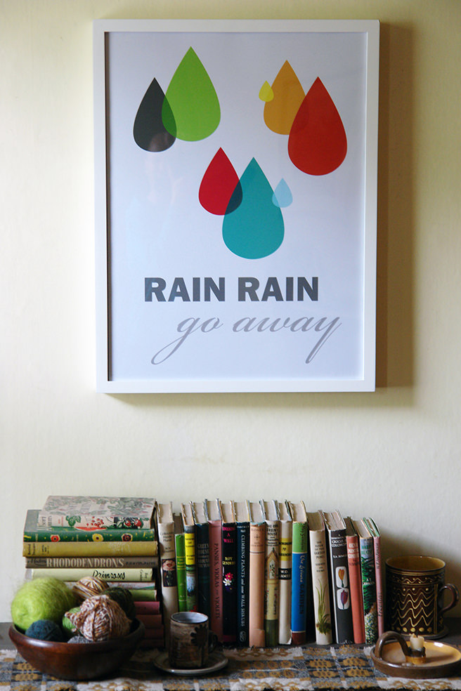 Contemporary 'Rain rain go away' framed poster with collection of vintage gardening books | H is for Home